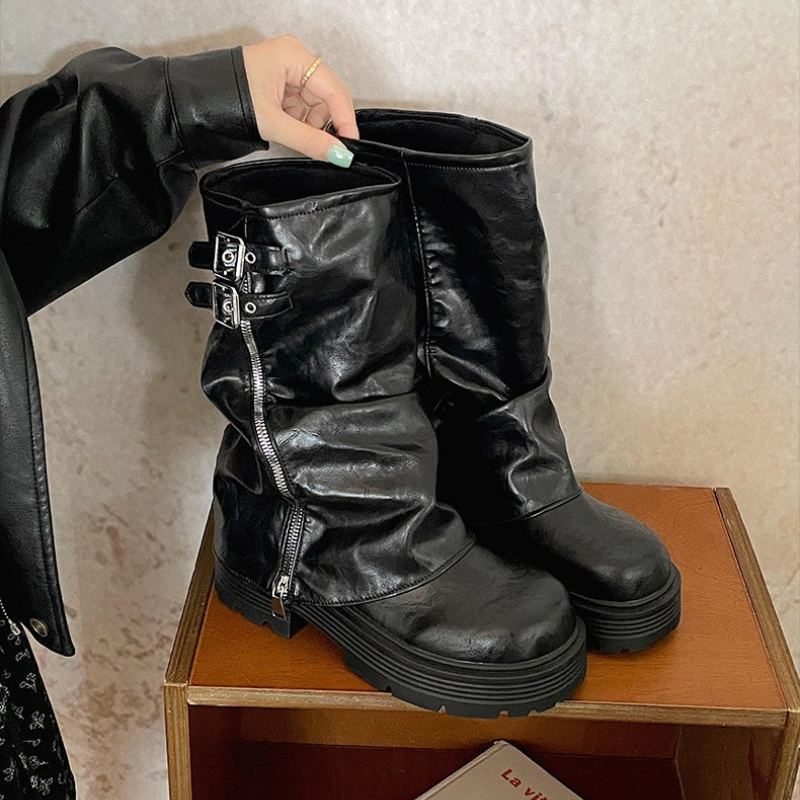 Botas de cuero negras de media - Streetwear Zipper reseña y precio